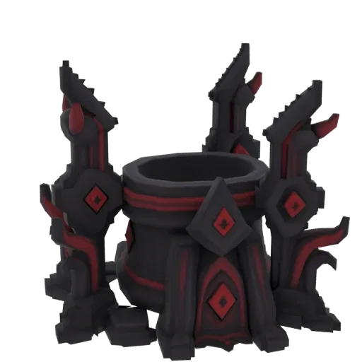 3D model of a dark, imposing ritual brazier with sharp edges and glowing red accents, set against a black background.