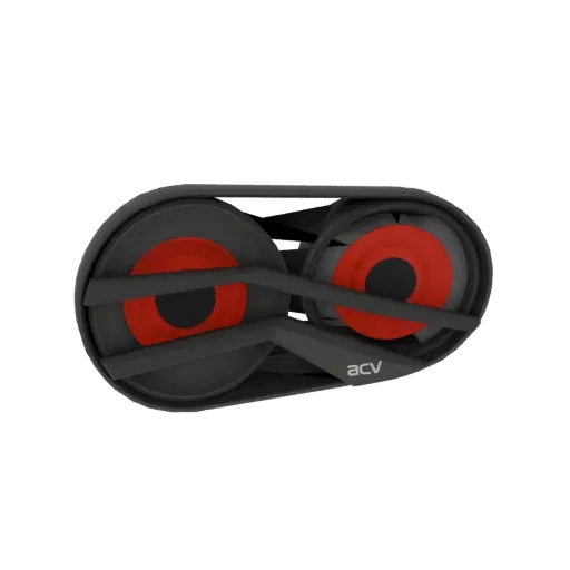 3D model of an ACV dual fan speaker with red accents on a black background