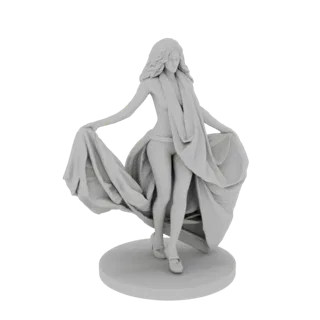 Render 3D de una escultura femenina clásica con tela fluida drapeada alrededor de su cuerpo, de pie sobre una base circular.