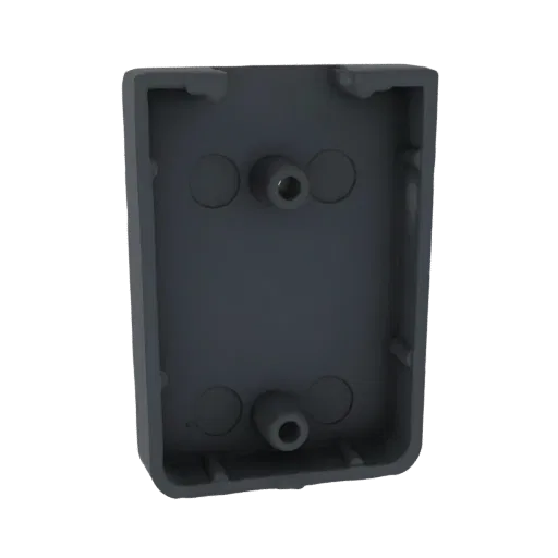 3D model of a dark gray rectangular enclosure with two internal mounting posts, viewed from an angle.