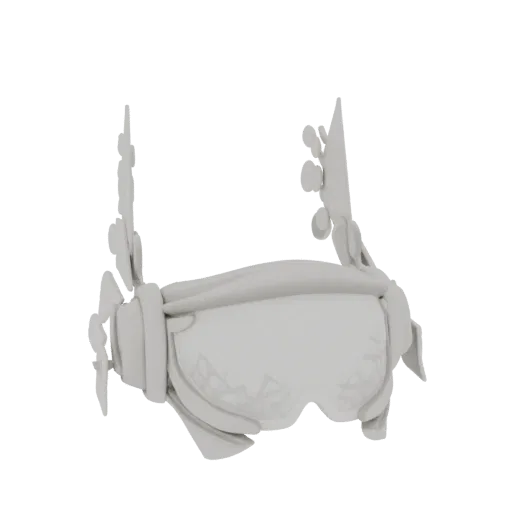 Modello 3D di occhiali futuristici sci-fi con cinturino dettagliato e motivo inciso sulle lenti, presentato su sfondo nero.