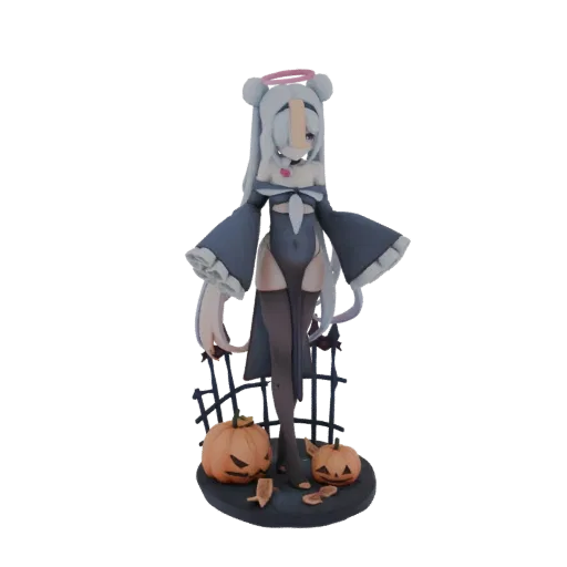 3D model of a Halloween nun with pale skin, bandages, a pink halo, and a dark habit, standing on a base with carved pumpkins