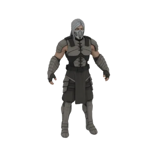 3D model of a cyber ninja with white hair, wearing a mask and dark gray segmented armor, standing in a neutral pose.