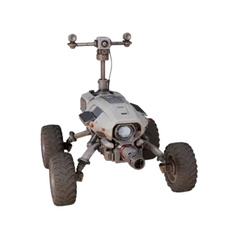Prospector Drone Scout 3D-Modell, Dreiviertel-Frontansicht, Unreal Engine-Viewport, zeigt staubige Räder, Fahrzeugposition.