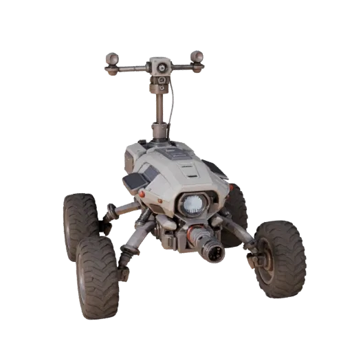 Modèle 3D du Drone Prospecteur Scout, vue trois-quarts avant, viewport Unreal Engine, montrant les roues poussiéreuses, la po