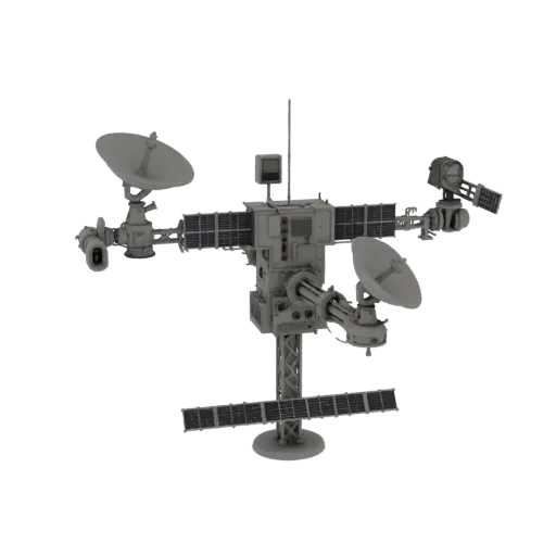 Weather Relay Station Printable 3D model, isometric STL render, showing solar panels, spacecraft silhouette.