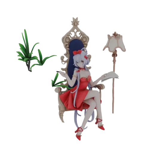 3D model of an anime girl in a red dress sitting on an ornate throne, holding a book, with plants and a lamp nearby.