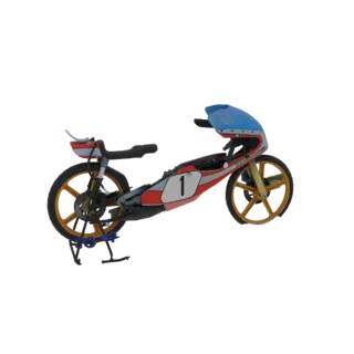 3D model of the 1976 Bultaco TSS MK2 50cc GP World Champion motorcycle, shown from a side profile with its red, white, and bl