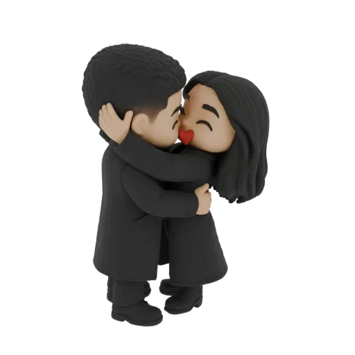 3D model of a cute chibi couple embracing and kissing, both wearing black coats, with a small red heart near their lips.