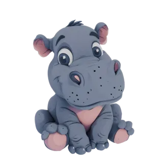 A 3D render of a cute, stylized baby hippopotamus sitting down, with large eyes and a pink belly.