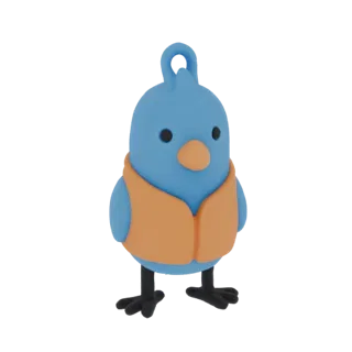 3D render of a cute, cartoon-style blue bird wearing an orange vest, standing on two legs, with a loop on its head.