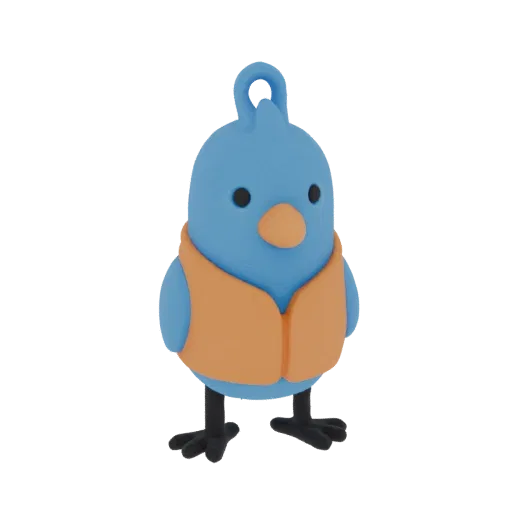 3D render of a cute, cartoon-style blue bird wearing an orange vest, standing on two legs, with a loop on its head.