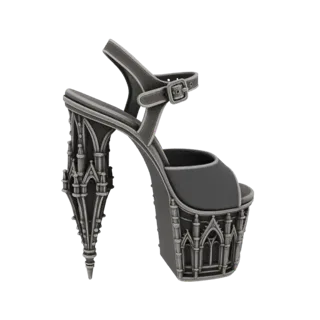 3D model of a dark grey stiletto heel with a platform sole, designed to resemble a gothic cathedral with spires and arched wi