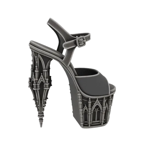 3D model of a dark grey stiletto heel with a platform sole, designed to resemble a gothic cathedral with spires and arched wi