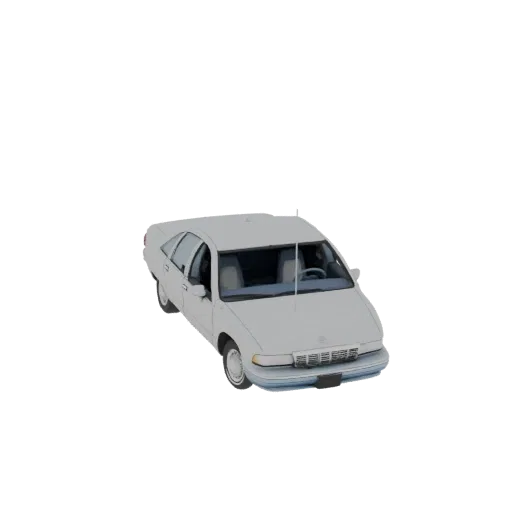 A 3D model of a white 1990s sedan viewed from a high angle, showcasing its classic design.