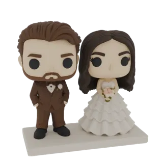 Modelo 3D de pareja de novios estilo Funko Pop, novio con traje marrón, novia con vestido blanco, sosteniendo flores, sobre u