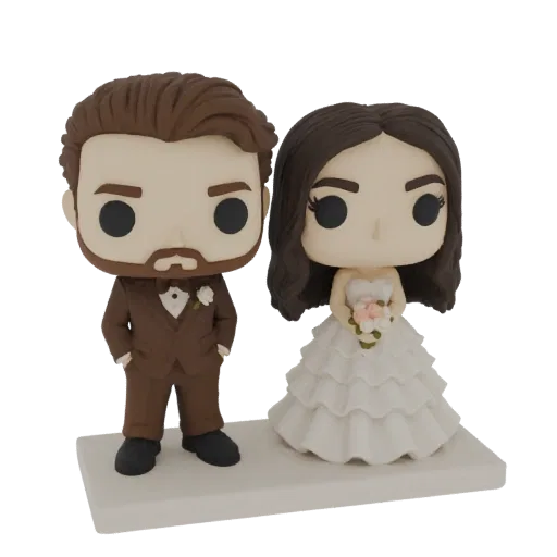 3D model of a wedding couple in Funko Pop style, groom in brown suit, bride in white dress, holding flowers, on a white base.