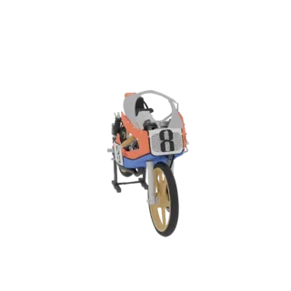 3D model of a retro racing motorcycle with orange and blue fairing and a large number 8 on the front, set against a white bac