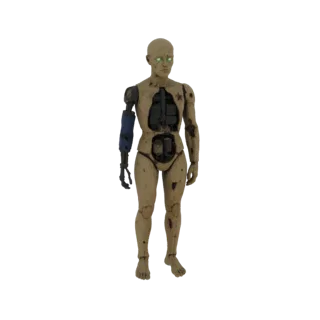 3D model of a worn android with a prosthetic arm, exposed internal components, and glowing green eyes, standing against a whi