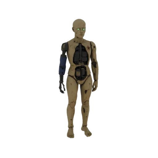3D model of a worn android with a prosthetic arm, exposed internal components, and glowing green eyes, standing against a whi