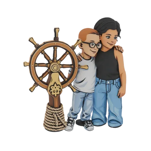3D model of two friends embracing next to a wooden ship's wheel with rope details.