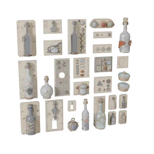 Fantasy Bottle Group 3D model, three-quarter front view, Unity viewport, showing paper-like cards, small readable forms.