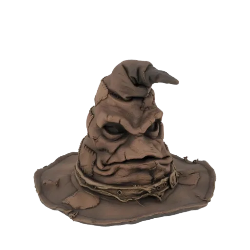 Un modello 3D del Cappello Parlante Sorridente, caratterizzato da una texture consumata, marrone, simile a un tessuto e un vo