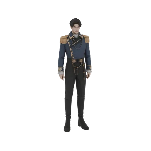 Modello 3D di un ufficiale militare del XIX secolo in uniforme blu con finiture dorate, in posa formale.