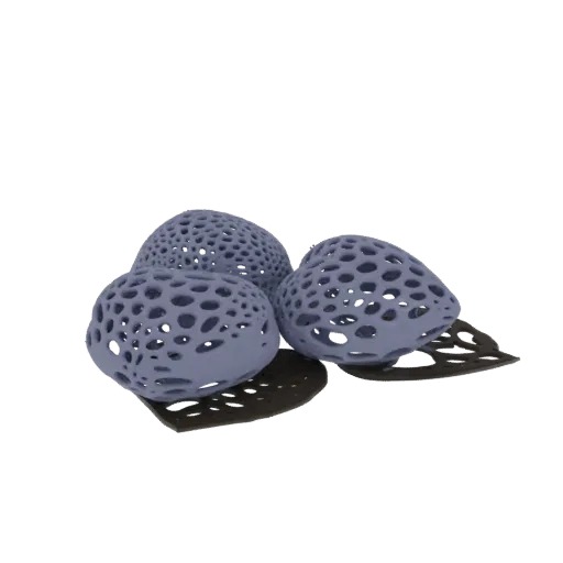 A 3D render of three abstract, light purple organic pods with intricate perforations, resting on a dark base.