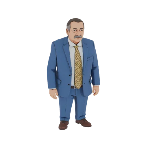 3D model of a business man with a mustache, wearing a blue suit, white shirt, and patterned tie, standing against a white bac