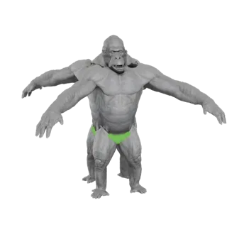 Modello 3D di un gorilla muscoloso a quattro braccia con speedo verde, con le braccia tese.