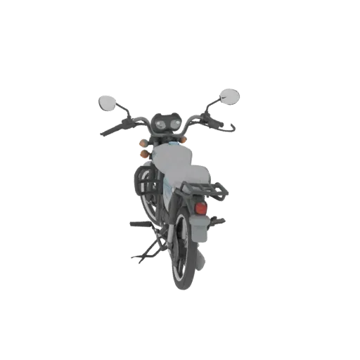 Un modelo 3D de una motocicleta eléctrica estilo retro con cuerpo gris claro, neumáticos negros y portaequipajes trasero, mos