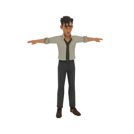 3D model of a young man in a light shirt, dark tie, and grey trousers, standing with arms outstretched.