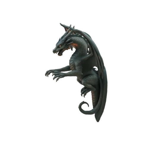 A 3D model render of a dark, detailed gargoyle dragon statue with wings spread, clinging to an unseen surface.
