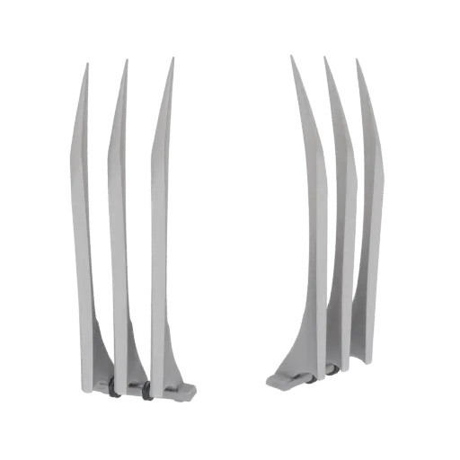 A 3D model of Wolverine's iconic adamantium claws, depicted as sharp, metallic blades emerging from a hand-mounted base.