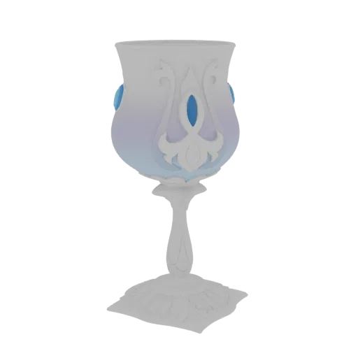 3D model of an ornate white chalice with blue gem accents and intricate filigree, set against a black background.