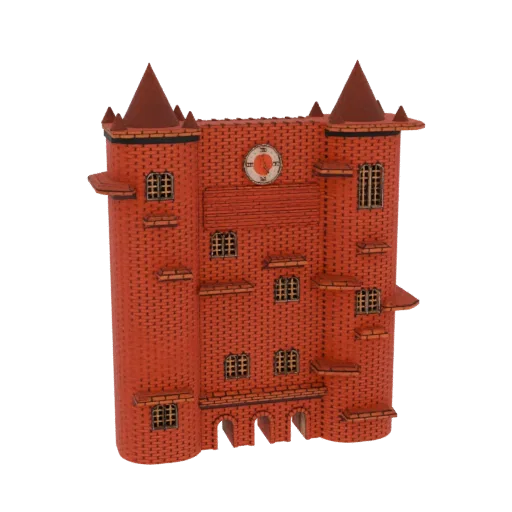 3D model of a red brick castle with conical turrets, a central clock tower, and detailed brickwork, set against a white backg