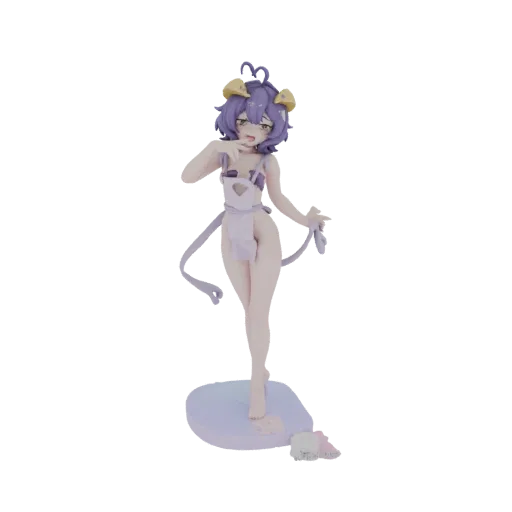 Modèle 3D d'un personnage mignon de fille-chat style anime avec des cheveux violets, portant un tablier blanc et adoptant une