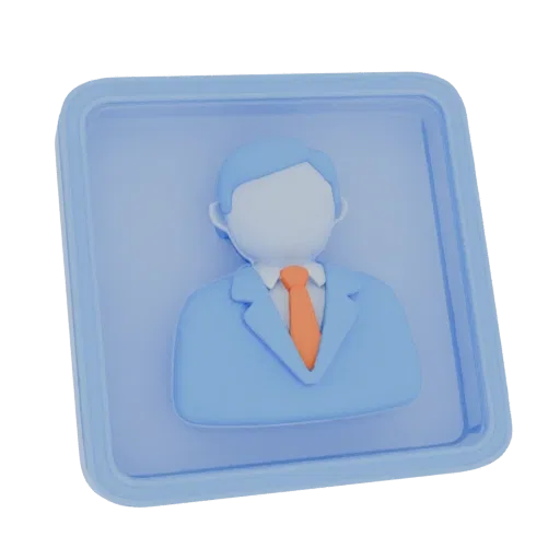 3D render of a stylized businessman icon wearing a blue suit and orange tie, set against a light blue square background.