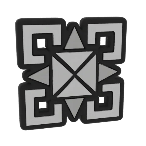 3D render of a stylized geometric emblem with interlocking squares and triangles, featuring a metallic finish.