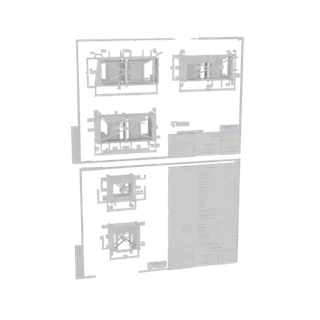 3D model of an industrial metal frame assembly presented as a technical blueprint, showing multiple views and a detailed part