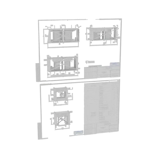 3D model of an industrial metal frame assembly presented as a technical blueprint, showing multiple views and a detailed part