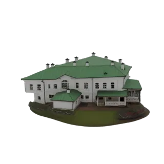 Maqueta 3D de casa señorial blanca clásica con tejado verde, presentada sobre una base ajardinada.