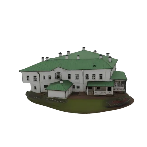 3D model of a classic white manor house with a green roof, presented on a landscaped base.