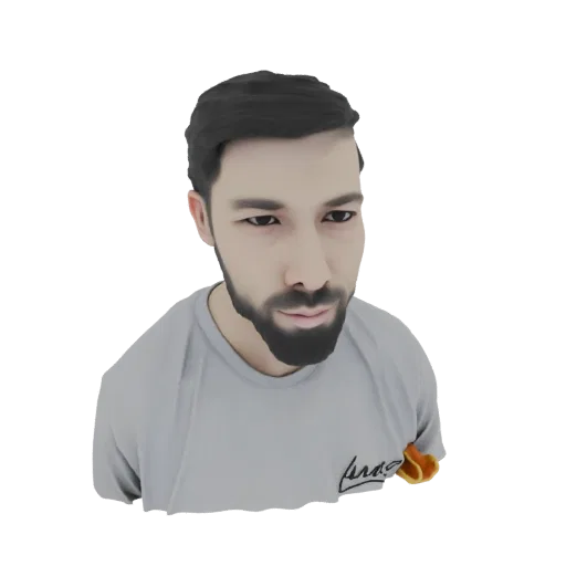3D-Modell-Render einer stilisierten Männerbüste mit dunklem Haar, Bart und einem grauen Hemd mit einem leuchtend orangefarben