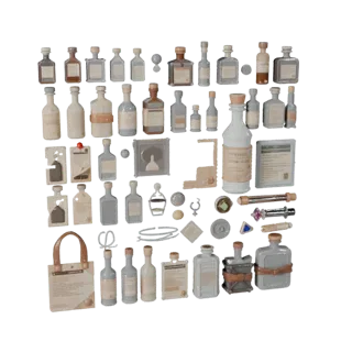 Market Bottle Group High Poly 3D model, close-up studio render, showing paper-like cards, small readable forms.
