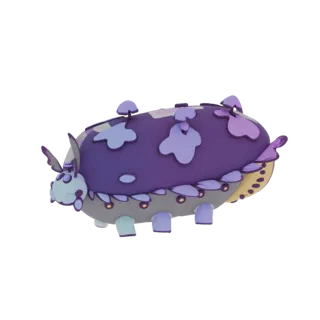A 3D render of a whimsical airship shaped like a caterpillar, featuring purple and blue colors, mushroom decorations, and glo