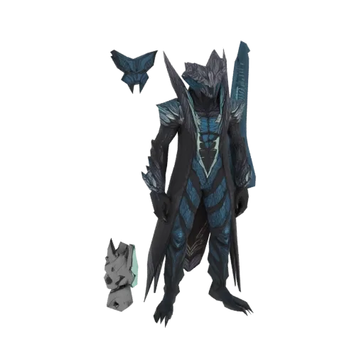 3D model of Vergil in his Devil Trigger form, featuring dark armor with blue accents and separate accessory pieces.