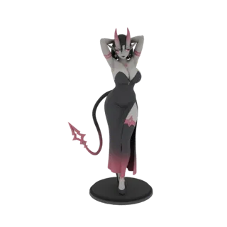 3D-Modell einer gothischen Dämonin in einem schwarzen Kleid mit Oberschenkelschlitz, roten Hörnern und langem Schwanz, stehen