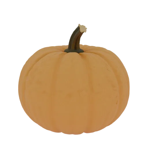 A realistic 3D model of a round, orange pumpkin with a green stem against a black background.